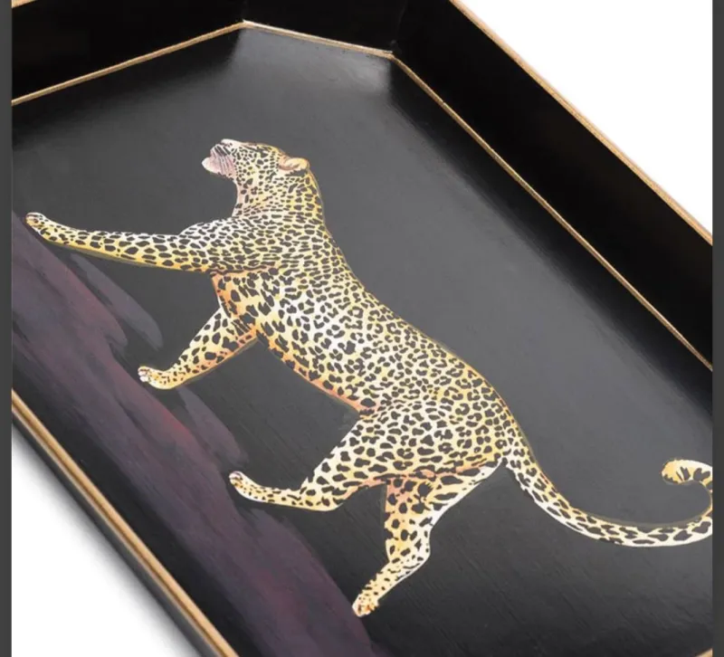 Pamono Rectangular Tray in Enameled Metal Hand-Decorated with Leopard by Les Ottomans> Tabletop|Trays