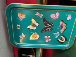 Pamono Rectangular Tray in Enameled Metal and Hand-Decorated Butterflies by Les Ottomans> Tabletop|Trays