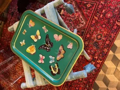 Pamono Rectangular Tray in Enameled Metal and Hand-Decorated Butterflies by Les Ottomans> Tabletop|Trays