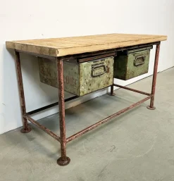 Pamono Red Industrial Worktable with Two Green Iron Drawers, 1960s> Worktables & Workbenches