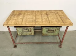 Pamono Red Industrial Worktable with Two Green Iron Drawers, 1960s><noscript><img width=
