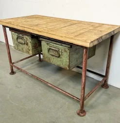 Pamono Red Industrial Worktable with Two Green Iron Drawers, 1960s><noscript><img width=