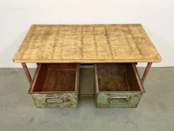 Pamono Red Industrial Worktable with Two Green Iron Drawers, 1960s><noscript><img width=