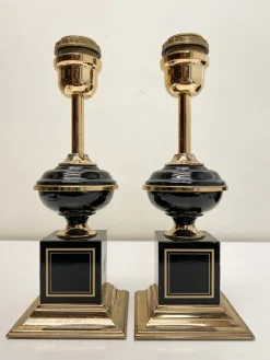 New Pamono Regency Brass and Black Table Lamps in the style of Le Dauphin, 1970s, Set of 2