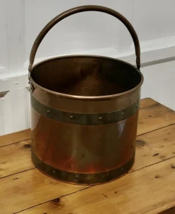 Pamono Riveted Copper and Brass Coal Bucket, 1920s><noscript><img width=