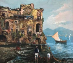 Discount Pamono Roberto Scognamiglio, Baie de Naples et pêcheurs, Oil on Canvas, Framed