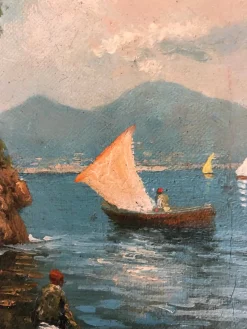 Discount Pamono Roberto Scognamiglio, Baie de Naples et pêcheurs, Oil on Canvas, Framed