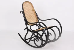 Clearance Pamono Rocking Chair in Black Lacquered Wood and French Wicker in the style of Thonet, 1970s