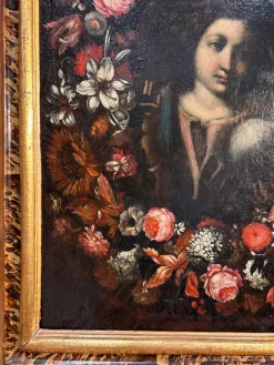 Outlet Pamono Roman School Artist, Salvador Mundi Within a Garland of Flowers, Late 17th Century, Painting, Framed