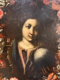 Outlet Pamono Roman School Artist, Salvador Mundi Within a Garland of Flowers, Late 17th Century, Painting, Framed