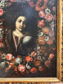 Outlet Pamono Roman School Artist, Salvador Mundi Within a Garland of Flowers, Late 17th Century, Painting, Framed