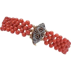 Pamono Rose Gold and Silver Bracelet with Coral, Sapphires and Diamonds> Bracelets