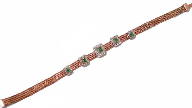 New Pamono Rose Gold and Silver Bracelet with Emeralds and Diamonds