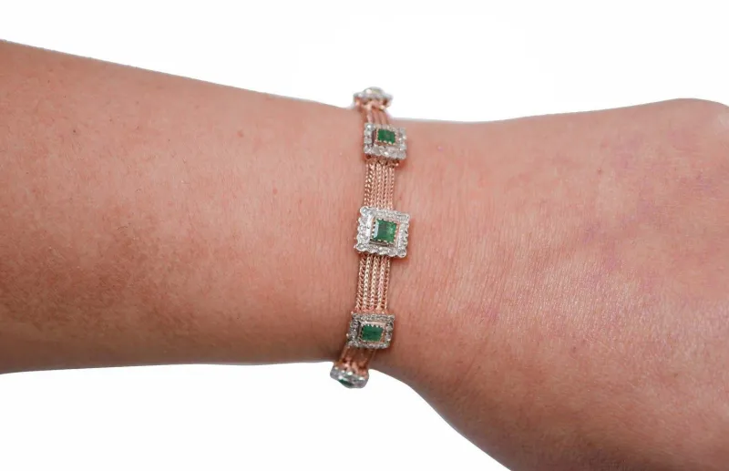 New Pamono Rose Gold and Silver Bracelet with Emeralds and Diamonds