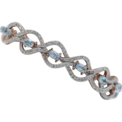 Pamono Rose Gold and Silver Bracelet with Aquamarine Color Topaz and Diamonds> Bracelets