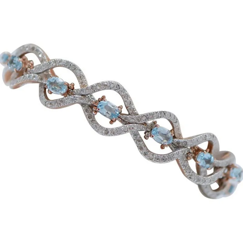 Pamono Rose Gold and Silver Bracelet with Aquamarine Color Topaz and Diamonds> Bracelets