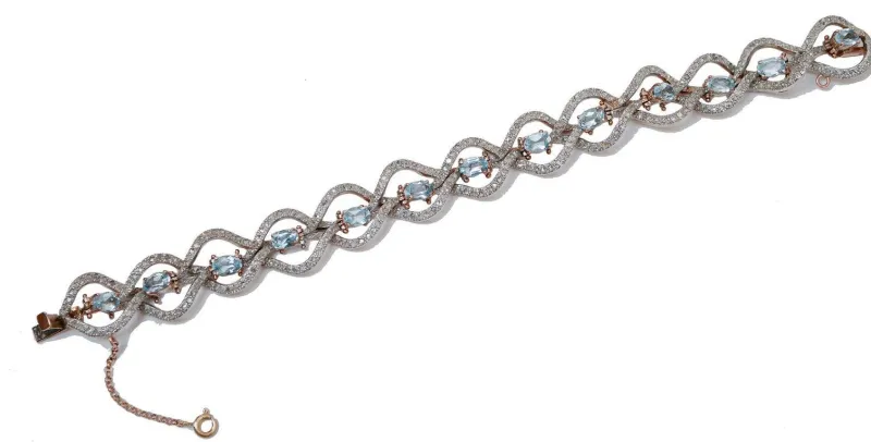 Pamono Rose Gold and Silver Bracelet with Aquamarine Color Topaz and Diamonds> Bracelets
