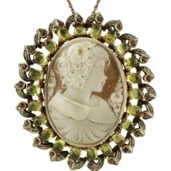 Pamono Rose Gold and Silver Cameo Pendant or Brooch with Peridot, Diamonds and Rubies> Brooches