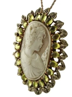 Pamono Rose Gold and Silver Cameo Pendant or Brooch with Peridot, Diamonds and Rubies> Brooches