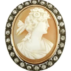 Pamono Rose Gold and Silver Carved Cameo Brooch with Diamonds> Brooches
