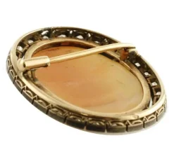 Pamono Rose Gold and Silver Carved Cameo Brooch with Diamonds><noscript><img width=