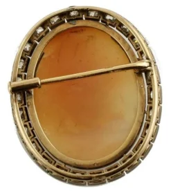 Pamono Rose Gold and Silver Carved Cameo Brooch with Diamonds><noscript><img width=