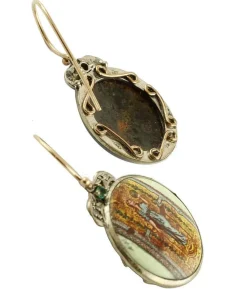 Pamono Rose Gold and Silver Dangle Earrings with Painted Hard Stones, Emeralds and Diamonds, Set of 2><noscript><img width=