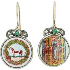 Hot Pamono Rose Gold and Silver Earrings with Emeralds, Diamonds and Stones, Set of 2