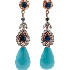 Pamono Rose Gold and Silver Earrings with Turquoise, Sapphires and Diamonds, Set of 2> Earrings