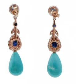 Pamono Rose Gold and Silver Earrings with Turquoise, Sapphires and Diamonds, Set of 2><noscript><img width=