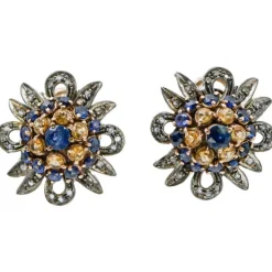 Pamono Rose Gold and Silver Earrings with Yellow and Blue Sapphires and Diamonds, Set of 2> Earrings