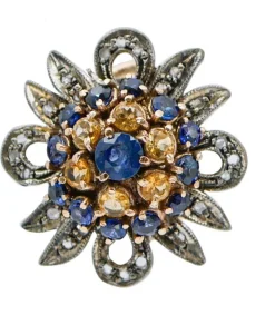 Pamono Rose Gold and Silver Earrings with Yellow and Blue Sapphires and Diamonds, Set of 2> Earrings