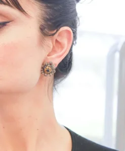 Pamono Rose Gold and Silver Earrings with Yellow and Blue Sapphires and Diamonds, Set of 2><noscript><img width=