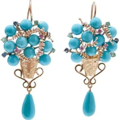 Pamono Rose Gold and Silver Earrings with Turquoise, Rubies, Emeralds and Sapphires, Set of 2> Earrings