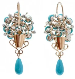 Pamono Rose Gold and Silver Earrings with Turquoise, Rubies, Emeralds and Sapphires, Set of 2><noscript><img width=