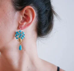 Pamono Rose Gold and Silver Earrings with Turquoise, Rubies, Emeralds and Sapphires, Set of 2><noscript><img width=