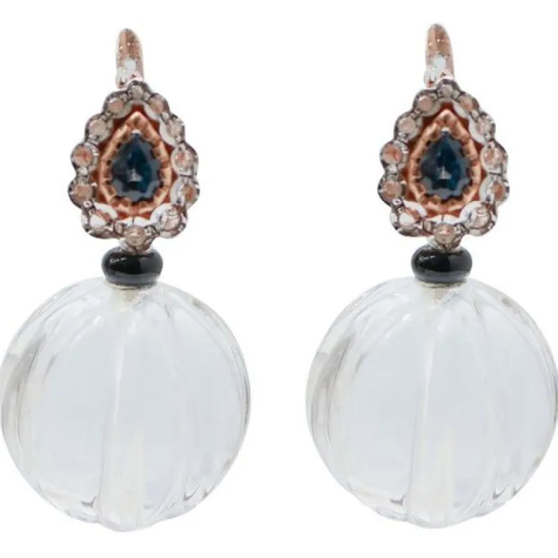 Hot Pamono Rose Gold and Silver Earrings with Rock Crystal, Onyx, Diamonds and Sapphires, Set of 2