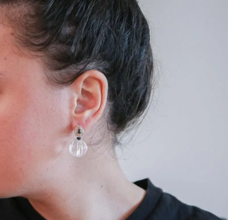 Hot Pamono Rose Gold and Silver Earrings with Rock Crystal, Onyx, Diamonds and Sapphires, Set of 2