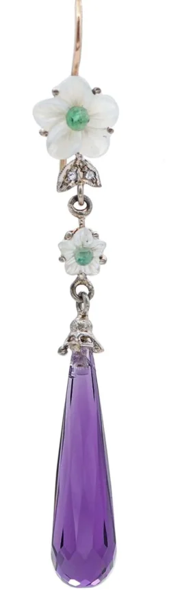 New Pamono Rose Gold and Silver Earrings with Amethysts, Emeralds, Diamonds and White Stones, Set of 2