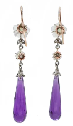 New Pamono Rose Gold and Silver Earrings with Amethysts, Emeralds, Diamonds and White Stones, Set of 2