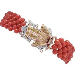 Pamono Rose Gold and Silver Frog Bracelet with Coral and Diamonds> Bracelets