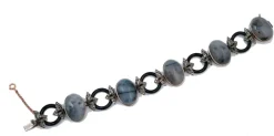 Pamono Rose Gold and Silver Link Bracelet with Diamonds and Moss Agate> Bracelets