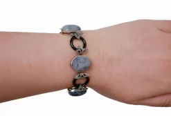 Pamono Rose Gold and Silver Link Bracelet with Diamonds and Moss Agate><noscript><img width=