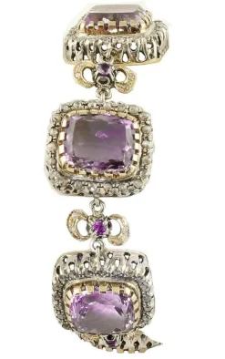 Pamono Rose Gold and Silver Link Bracelet with Amethysts and Diamonds><noscript><img width=