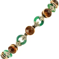 Pamono Rose Gold and Silver Link Bracelet with Diamonds and Green Agate