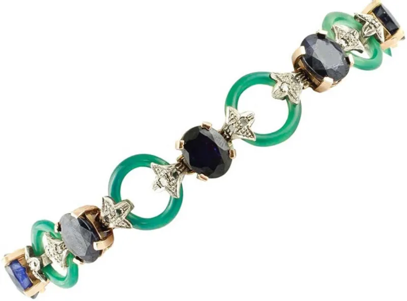 Pamono Rose Gold and Silver Link Bracelet with Diamonds and Sapphires and Green Agate> Bracelets
