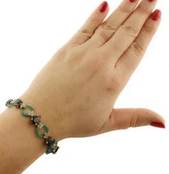Pamono Rose Gold and Silver Link Bracelet with Diamonds and Sapphires and Green Agate><noscript><img width=