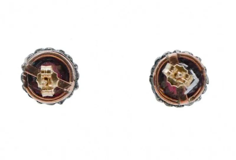 Sale Pamono Rose Gold and Silver Stud Earrings with Diamonds and Garnets, Set of 2