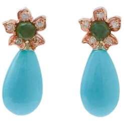 Best Pamono Rose Gold Earrings with Turquoise, Emeralds and Diamonds, Set of 2