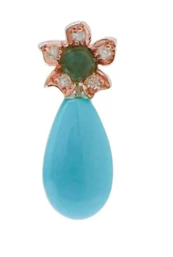 Best Pamono Rose Gold Earrings with Turquoise, Emeralds and Diamonds, Set of 2